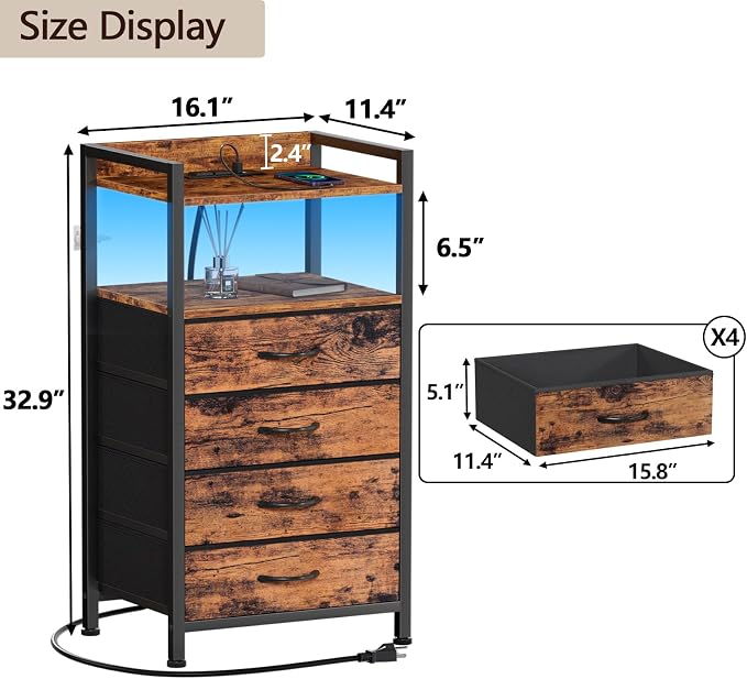 Furnulem Night Stand with Charging Station and Led Light, 4 Drawer Dresser for Bedroom, Small Nightstand Bedside Table, Fabric Bins, Metal Frame, Wood Shelf, Side Furniture(Rustic Brown) - Image 3