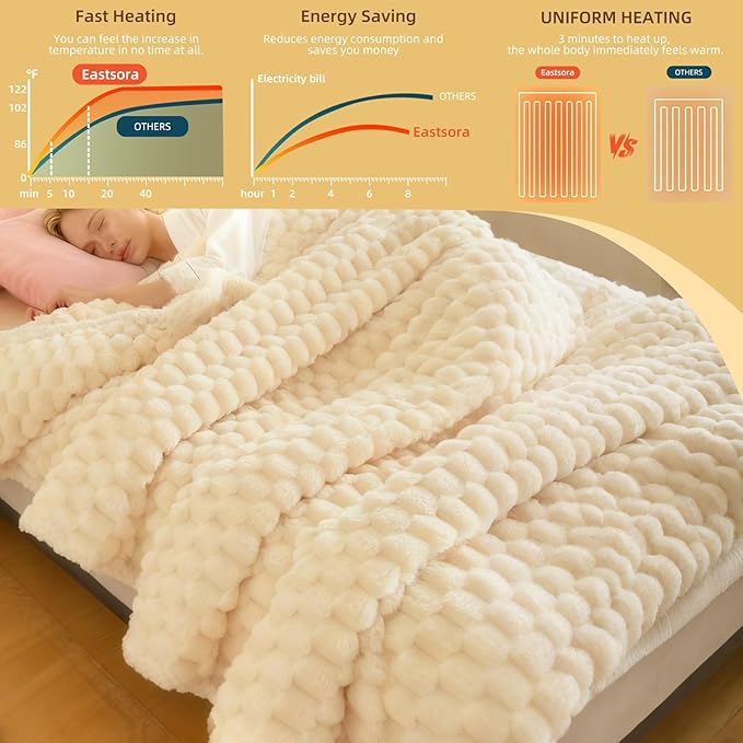 Eastsora Heated Blanket Throw 50" x 60" Soft Ribbed Faux Fur Flannel Fast Heating 12 Heat Levels 1–12H Timer & Overheat Protection & Auto Shut-Off & ETL FCC & Machine Washable Heated Throw