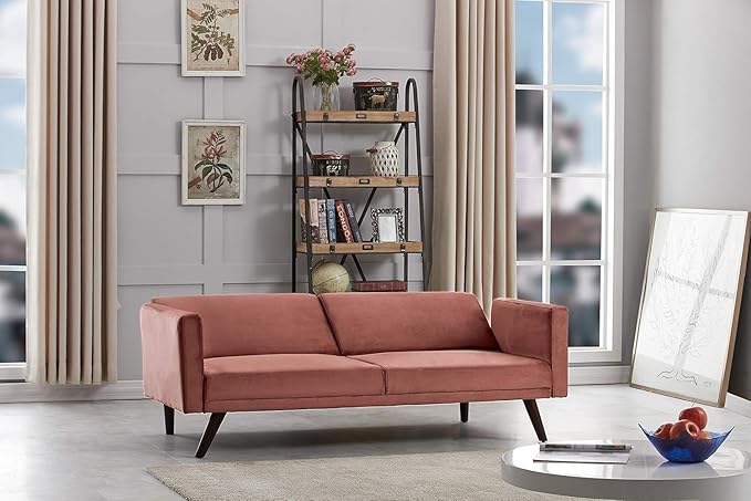 72" Retro Velvet Sofa Bed - Vintage Modern Convertible Futon w/Reclining Backrest - Velvet Upholstery on Solid Wood Frame (72" L x 34.6" W x 30.23" H), Rose