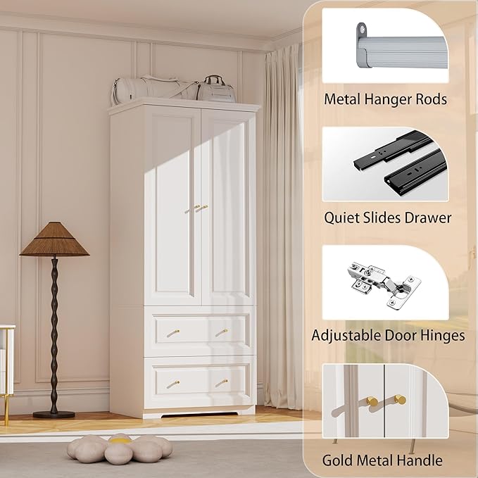Bedroom Armoire Wardrobe Closet with Drawers: White Wardrobe Closet for Hanging Clothes, Large Wardrobes Storage Closets, Wood Closets Cabinets with Doors and Shelves (White, 31.5")