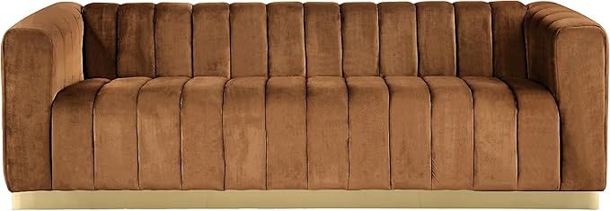 Meridian Furniture 603Saddle-S Marlon Collection Modern | Contemporary Velvet Upholstered Sofa with Deep Channel Tufting, Stainless Steel Base in a Brushed Gold Finish, Saddle, 86.5" W x 34" D x 28" H