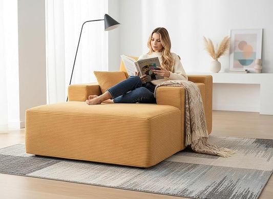 Monroe Convertible Chaise Lounge Chair Indoor – Oversized Corduroy Couch with Wide Armrest & Throw Pillows, Cozy Boneless Sleeper Sofa Bed Armchair, Ginger Yellow