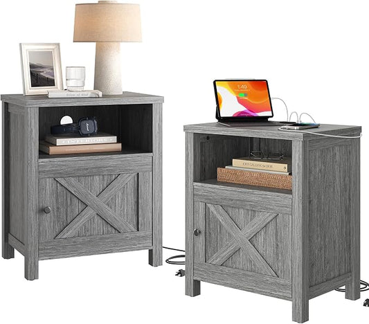 Pipishell Night Stand Set 2, Farmhouse Bedside Table Set of 2 with Open Shelf, Enclosed Cabinet, USB Port & AC Outlet, Wood Side Table with Storage for Bedroom, Gray, 2 Pack by Pipishell