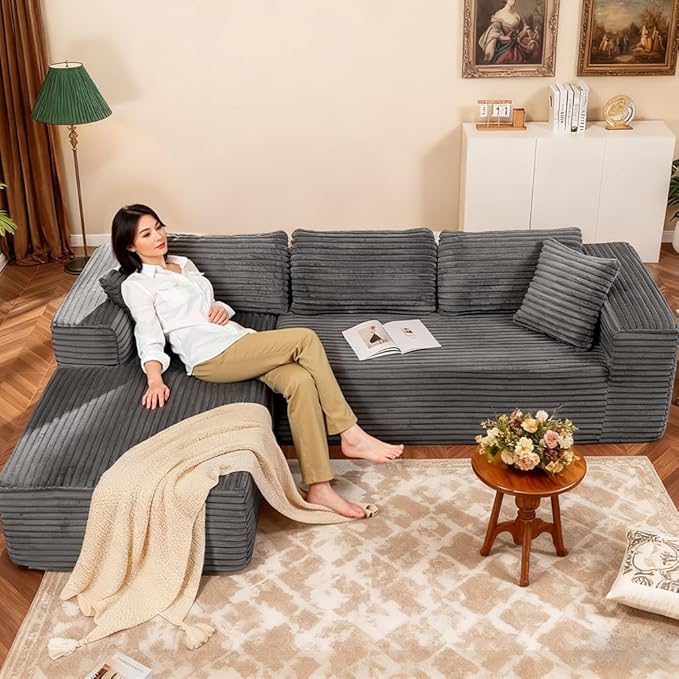 COMHOMA 105”Modular Sectional Sofa with Deep Seat,Cloud Upholstered L-Shape Couch Wide Arms Corduroy Fabric High-Density Foam Chaise Lounge for Living Room No Assembly Required