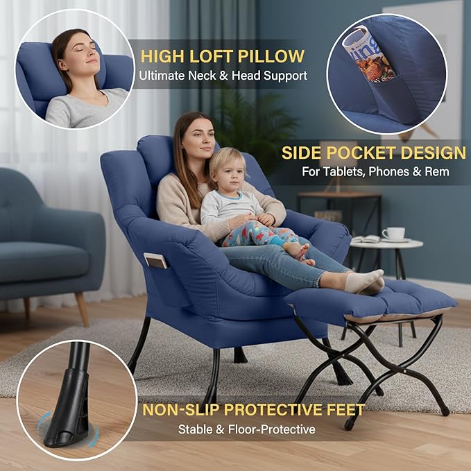 Lazy Chair and Ottoman, Peach Blue Large Accent Chair with Side Pocket, Modern Leisure Upholstered Sofa Reading Armchair with Footrest for Office, Bedroom, Living Room, Dorm Rooms, Balcony