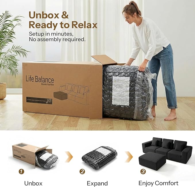Life Balance Modular Sectional Sofa for Living Room, 106 Inch L-Shape 4-Seat Couches with Chaise, Modular Design Easy to Assemble, Cloud Soft Fabric, Black (Sherpa Fabric)