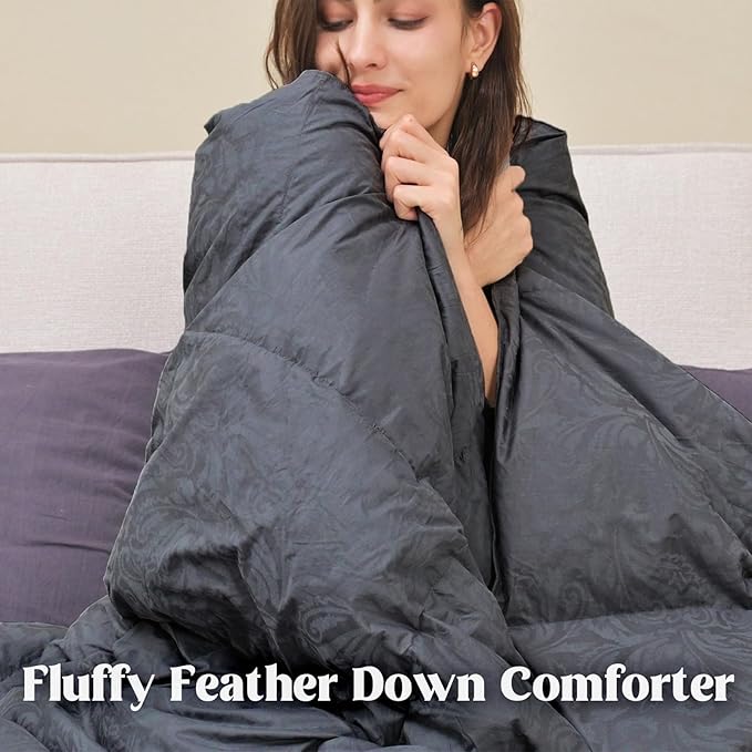 DAICO Goose Feather Down Comforter Queen Size, All Season Luxury Hotel Fluffy Duvet Insert, Ultra Soft 100% Cotton Shell with 8 Corner Tabs, Paisley Design (90x90'', Black)