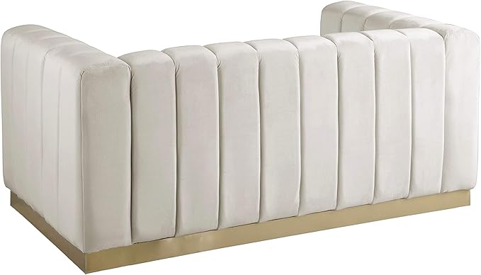 Meridian Furniture 603Cream-L Marlon Collection Modern | Contemporary Velvet Upholstered Loveseat with Deep Channlel Tufting and Brushed Gold Finish, Cream, 62.5" W x 34" D x 28" H