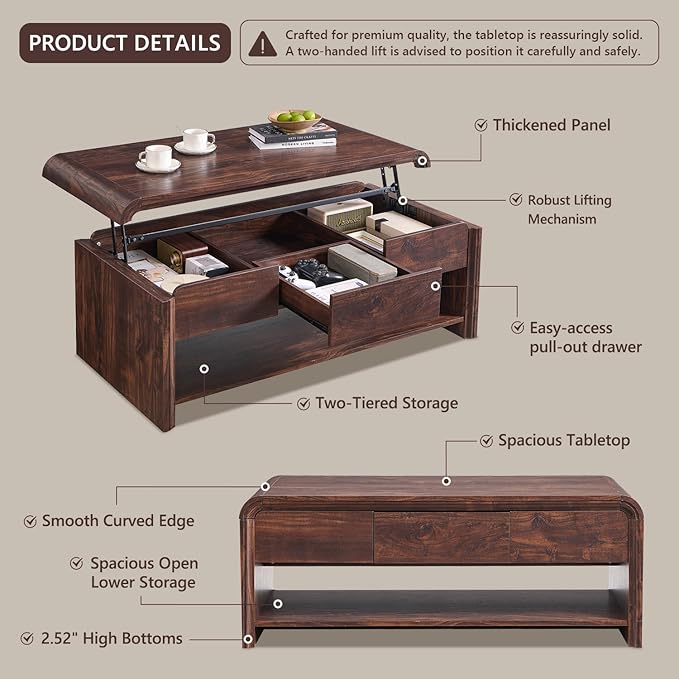 47" Lift Top Coffee Table with Storage, Modern Coffee Table with Pull-Out Drawer and Two-Tier Storage, Rectangle Wood Center Table w/Curved Profile Design for Living Room, Brown