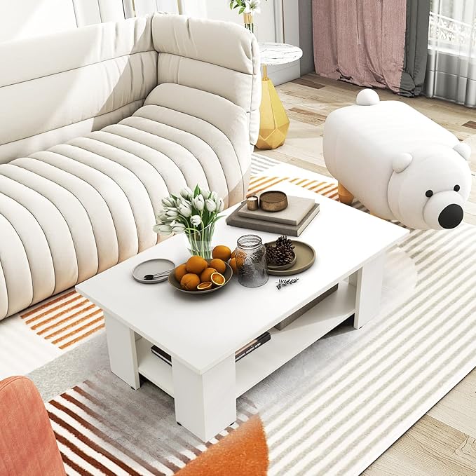 GOFLAME Coffee Table with Storage, Modern Sofa Side Center Table for Small Space, Accent TV Stand for Living Room, Reception Room & Dining Room, Easy Assembly, White