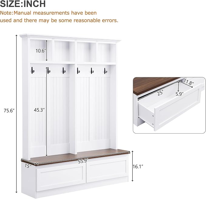 Merax Wood Hall Tree Entryway Bench with 6 Hooks, Farmhouse Mudroom Versatile Coat Racks with 2 Large Drawers Entrance Organizer for Hallway White - Image 7