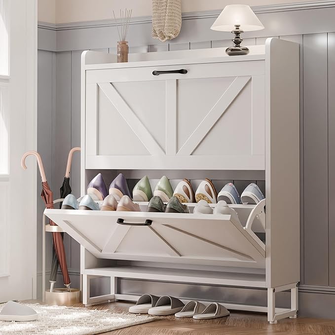 MU Shoe Storage Cabinet for Entryway, Hidden Shoe Cabinet with 2 Flip Drawers, Narrow Shoe Organizer Shoe Rack Cabinet with Metal Legs, White by MU
