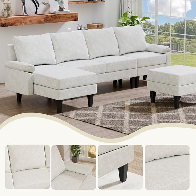 115 Inch Modular Sectional Sofa with Storage Ottoman, Modern L-Shaped Sectional Couch with Chaise, Chenille Couch for Living Room, Apartment or Small Spaces, Off-White