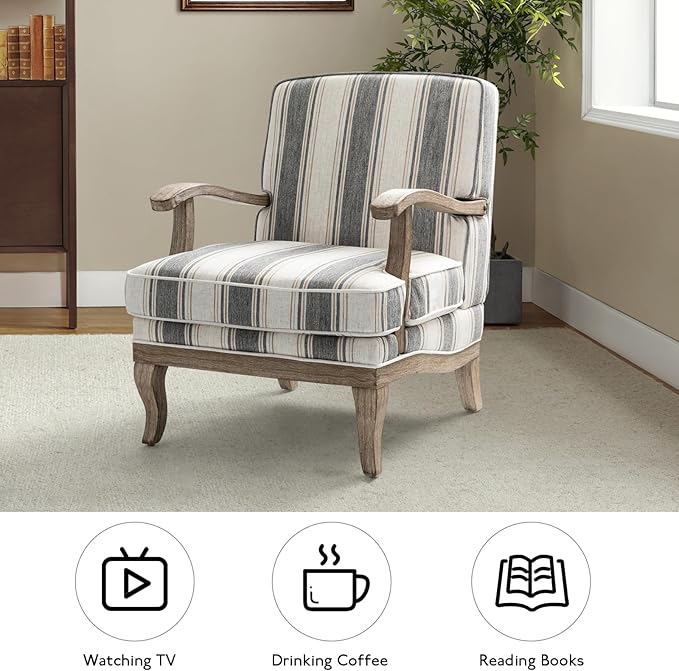 HULALA HOME Mid-Century Modern Chair Set of 2, Upholstered Accent Chair with Graceful Curves and Wooden Legs, Comfy Lounge Armchair Striped Accent Chairs for Living Room, Bedroom (Stripe)