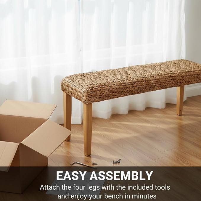 Solid Wood Acacia Indoor Bench with Natural Woven Seat, 47 Inch Wood Bench for Living Room or Entryway Benc, Bedroom End of Bed Bench or Dining Benches, Window Bench (Fishbone, Water Hyacinth) - Image 7