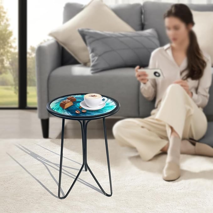 LIFFY Patio Side Table, Small Round End Table, Metal Side Table Outdoor, Small Porch Table for Indoor Balcony Furniture Decor (Blue Glass 12inch) - Image 2
