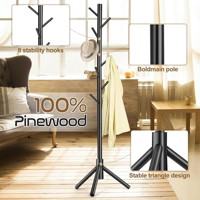 2PCS Solid Wooden Coat Rack Freestanding, New Zealand Pine Coat Tree with 8 Hooks & 3 Adjustable Sizes for Coats, Hats, Handbags and Scarves, Space Saving for Entryway/Office/Bedroom (Black) - Image 6