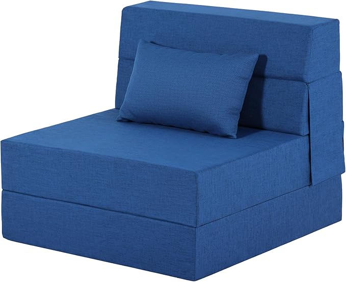 Folding Sofa Bed, Foldable Sleeper Chair with Pillow, Convertible Fold Out Chair Bed with Washable Cover, Foldable Mattress for Living Room, Bedroom, Guest Room, Single Size, Blue