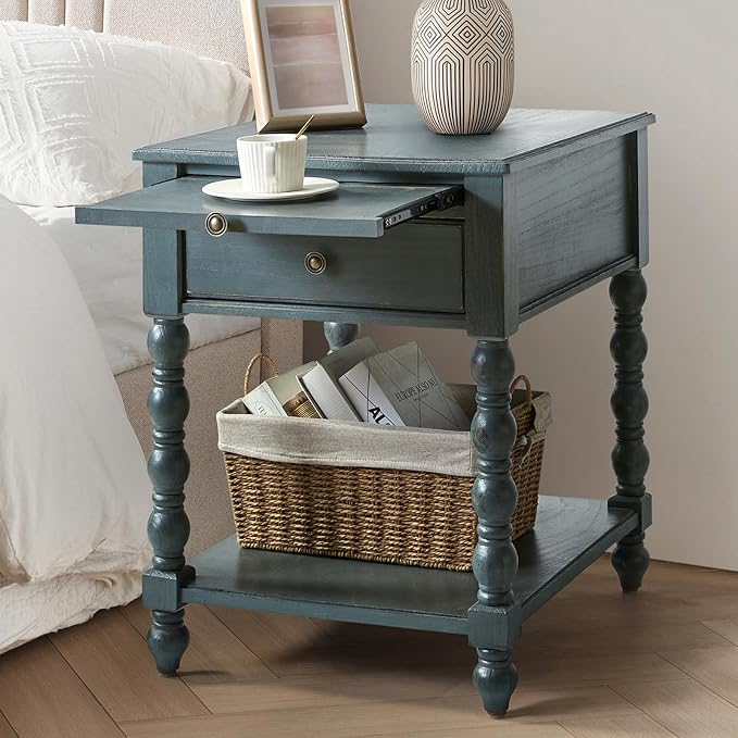 HULALA HOME Spindle Nightstands with Charging Station, Solid Wood Nightstand with Drawer Shelf, Side Table with Pull-Out Shelf (1, Blue) by HULALAHOME