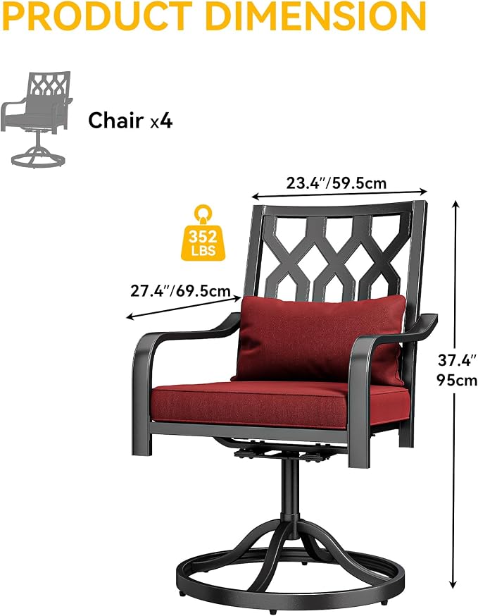 DWVO Swivel Patio Chairs Set of 12, Heavy-Duty Outdoor Swivel Chairs with 352lbs Capacity, All-Weather Metal Frame & Red Plush Cushions with Lumbar Pillow for Patio Deck Poolside Balcony Backyard - Image 2