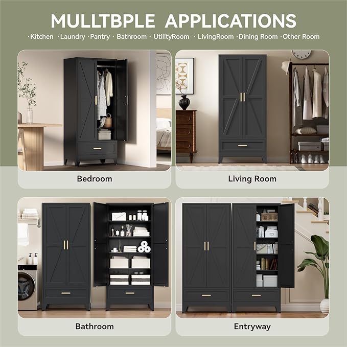 COFaR 71 Farmhouse Metal Wardrobe Closet with Hanging Rod, 2 Barn Doors, Adjustable Shelves, Steel Armoire with Drawer for Home, Bedroom Black