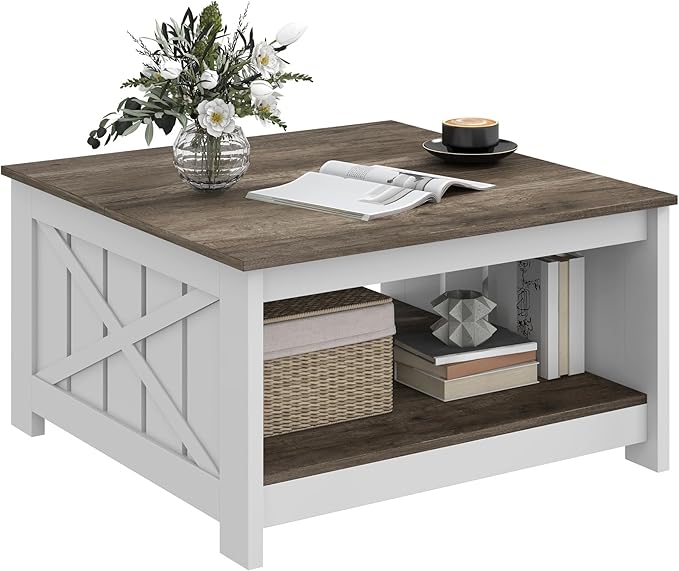 DWVO Square Coffee Table for Living Room, Farmhouse Coffee Table with Storage, 2-Tier Wood Coffee Tables Center Table with Half Open Storage Compartment, Dark Brown