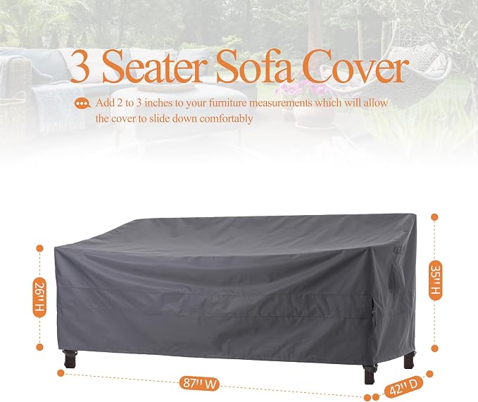 WJ-X3 Waterproof Patio Sofa Cover for 3-Seater Couch, Heavy Duty & UV Resistant, Windproof, 87" W x 42" D x 35" H, Grey - Image 7