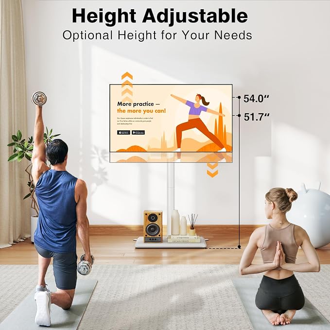 TVON Floor TV Stand with Mount for Most 32-60 Inch TVs up to 88lbs, Height Adjustable TV Floor Stand with Wood Base for Space Saving, Tall Floor TV Stand for Bedroom, Corner & Living Room, White - Image 2