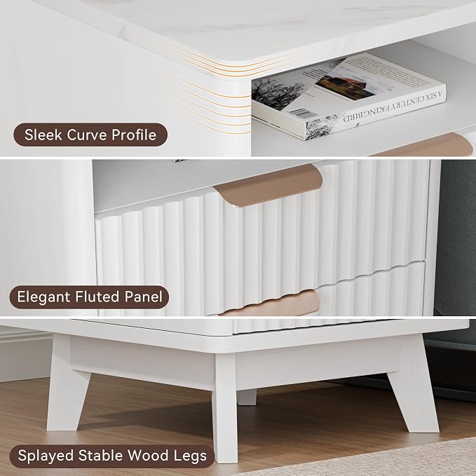 White Nightstand with 2 Drawers, 18" Modern Night Stand with Faux Marble Top, Open Storage Shelf, Fluted Bedside Table for Bedroom, End Table Side Table - Image 3