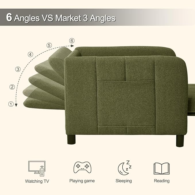 ZZW Sleeper Chair 84" Extra Long Convertible Chair Bed Upgraded 3-in-1 to 4-in-1 Pull Out Chair & Single Sofa Bed for Adult Sleeping Chair for Living Room Small Space (Modern Green)