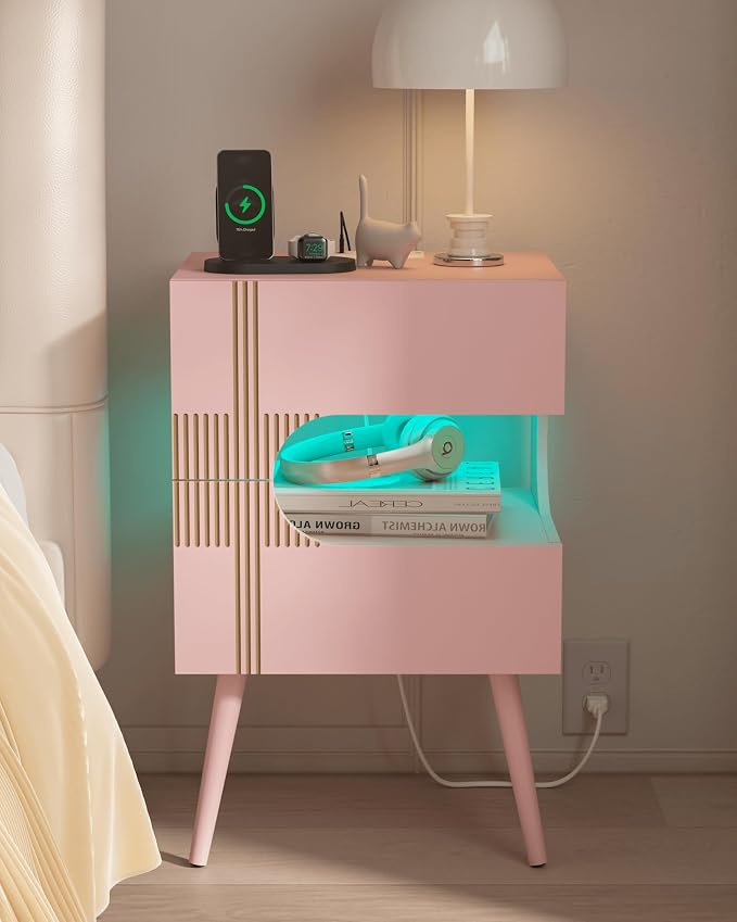 JOONEE White Nightstand with Charging Station and LED Lights,Modern Bedside Table with 2 Storage Drawer,Night Stand with Solid Wood Legs,White (Pink) - Image 8