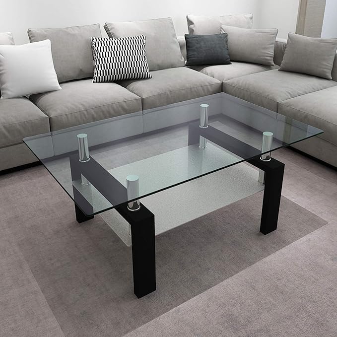 IANIYA Rectangle Glass Coffee Table, Living Room Table with Black Metal Legs & Tempered Glass, Modern Center Table for Bedroom Small Space