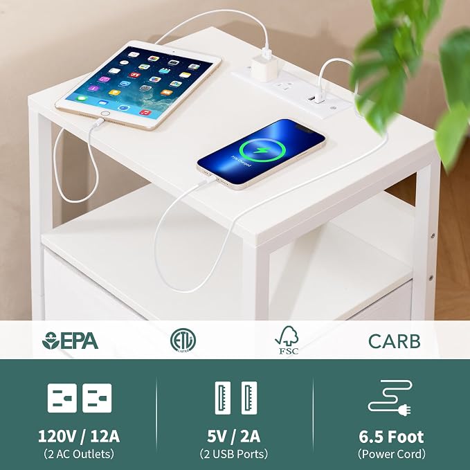 Yoobure Nightstand with Charging Station, LED Night Stand with Fabric Drawers and Storage Shelf for Bedroom, Nightstands Bedside Tables with USB Ports & Outlets, Small Night Stands, Bed Side Table - Image 7