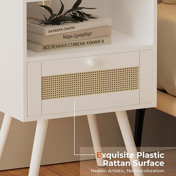 SUPERJARE Nightstands with Charging Station, Bedside Table Set of 2 with PE Rattan Drawers, Rattan Side Table with Storage & Solid Wood Feet, End Table for Bedroom, White - Image 8