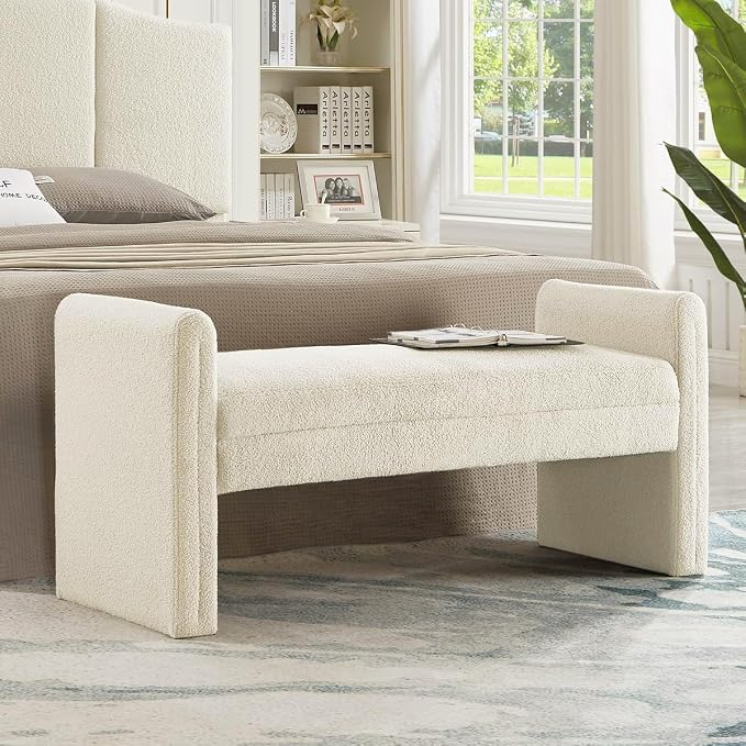 24KF Modern Upholstered Bed Bench Covered with Soft Boucle Teddy Fabric, Lovely Entryway Bench Ottoman with Armrest,5062-Cream by WEMARTHOMEDECOR