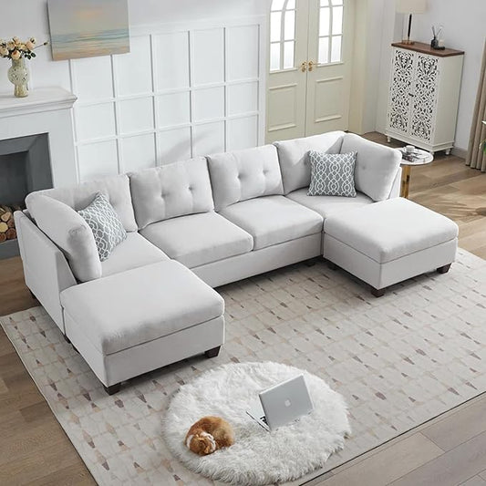 118-Inch Symmetrical Sectional Couch Linen Cloud Cushion Upholstered Sofas, U- Shaped Modular Sectional Sofa with 2 Movable Ottoman Chaise Lounges for Living Room