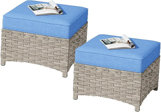 HOOOWOOO 2 Piece Patio Ottoman Set,Outdoor Wicker Ottomans,All Weather Resistant Rattan Deck Ottoman Matching Furniture(Diamond Blue)