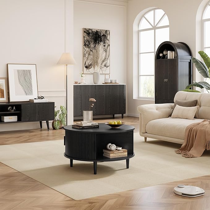 Round Coffee Table with Storage, Mid Century Modern Coffee Table, Fluted Dining Table with Sliding Door, Circle Coffee Table for Living Room Home Office, 31.5", Black