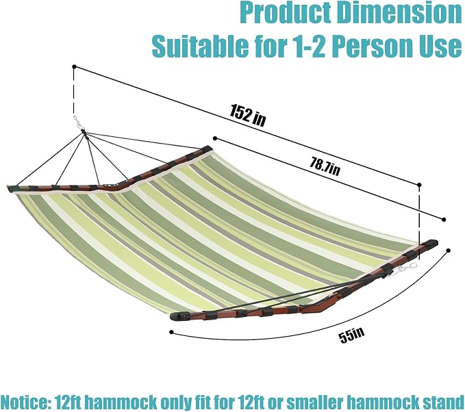 TegerDeger 12FT 2 Person Hammock Large Hammock Quick Dry 450LB Capacity with V Shaped Hardwood Spreader Bar & Nylon Rope for Outside, Patio, Garden, Backyard, Beach, Poolside - Tender Green Stripes - Image 6