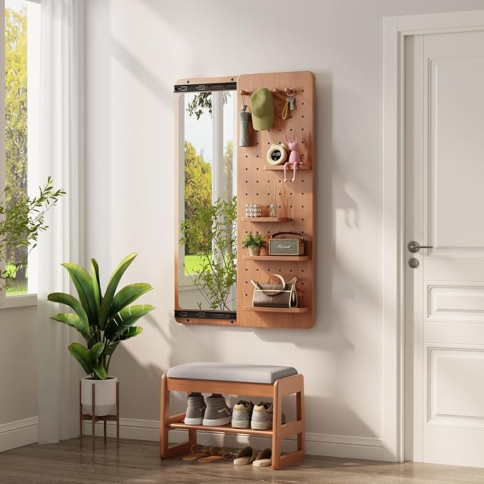 KungFuWood Full Length Mirror with Shelf and Hooks,Entry Way Mirrors for Wall,Wall Mirror with Shelf,Wall Mirror with Storage Multifunctional Design Panel,Living Room by VisittheKungFuWood