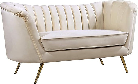 Meridian Furniture Margo Collection Modern | Contemporary Velvet Upholstered Loveseat with Deep Channel Tufting and Rich Gold Stainless Steel Legs, Cream, 65" W x 30" D x 33" H