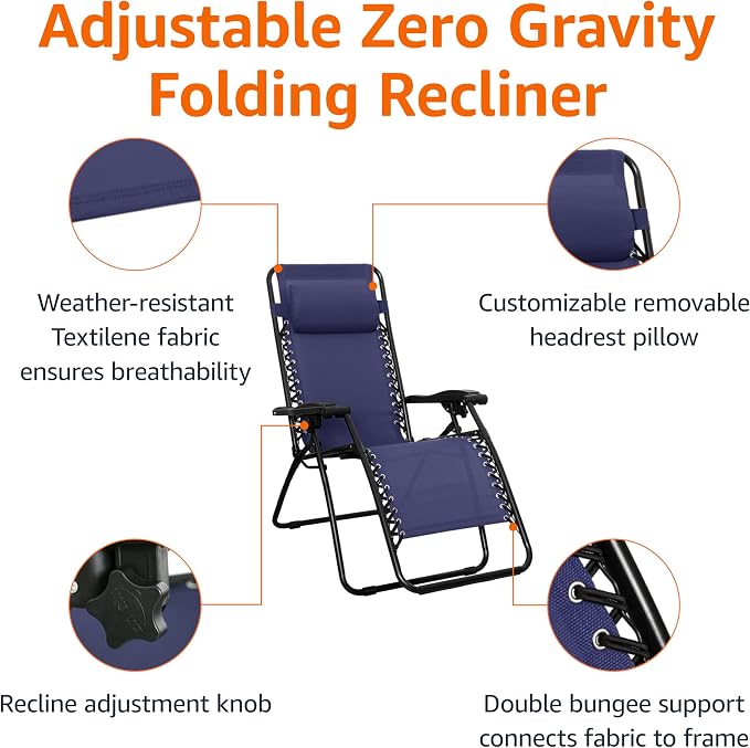Amazon Basics Outdoor Portable Zero Gravity Reclining Lounge Chair with Headrest Pillow, Textilene, Lightweight, 26", Blue - Image 5