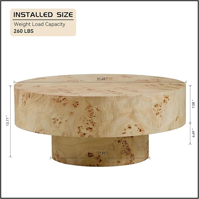 WILLIAMSPACE 31.49" Round Coffee Table with Burl Wood Veneer & Pedestal, Modern Wood Circle Drum Center Table for Living Room, Circular Accent Side End Table for Apartment, 13.77" H (Natural Burl)