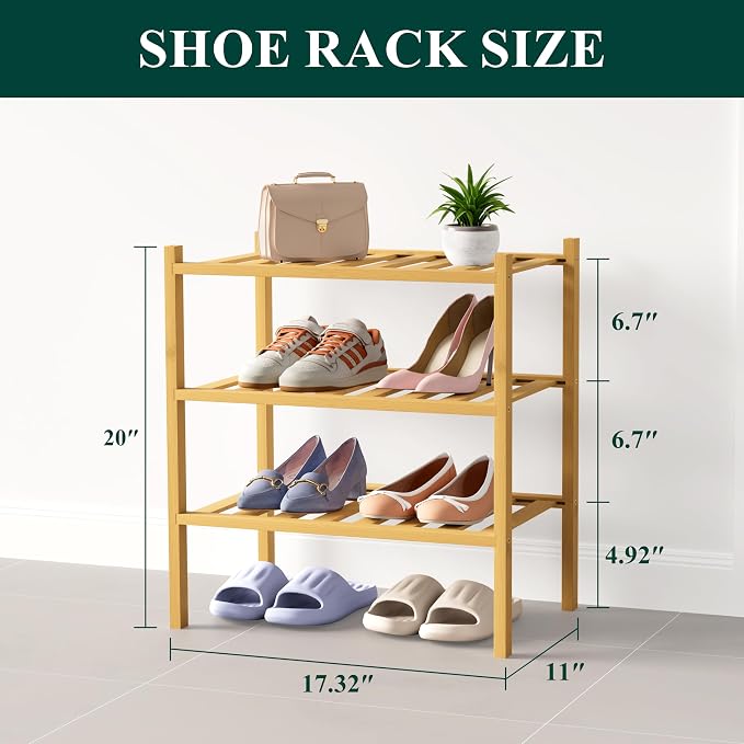 Smiry Bamboo Shoe Rack for Closet, 3 Tier Small Wooden Stackable Shoe Organizer, Free Standing Shoes Storage Shelf for Entryway, Front Door Entrance, Natural - Image 2