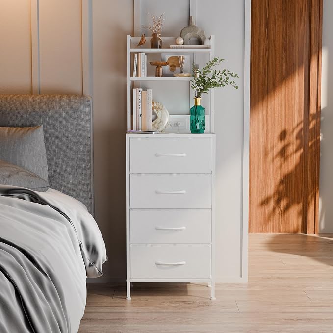 Fixwal 47 Inch Tall Nightstand with Charging Station, Led Night Stand with Socket, 4 PU Finished Fabric Storage Drawers, Office, Bedside Table & Bookshelf in One, White - Image 7