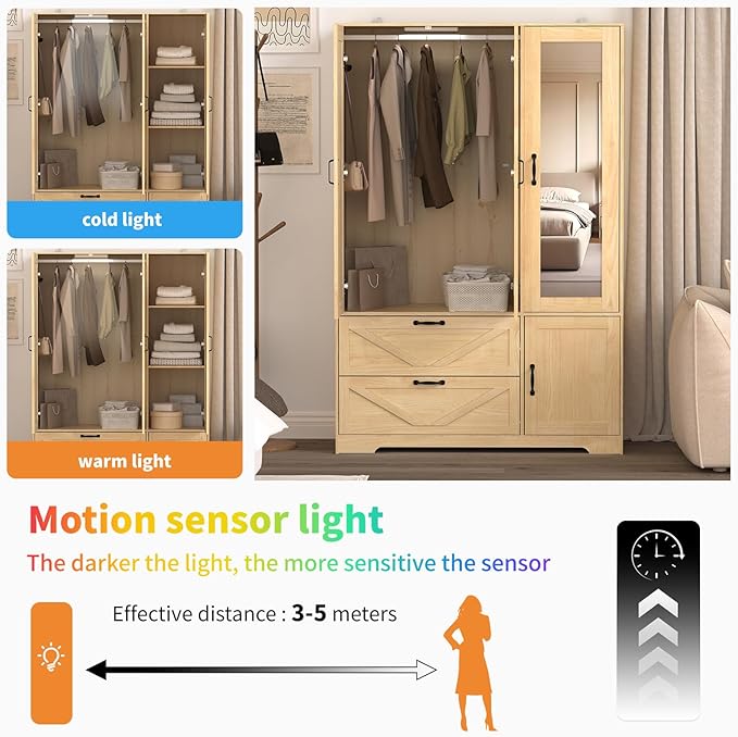 3 Door Wardrobe Closet with Mirror, Bedroom Armoire Wardrobe Closet with Lights, 2 Drawers, Hanging Rod and Cabinet, Large Clothes Storage Organizer, 47.2 x 19.68 x 71.65 in,Natural