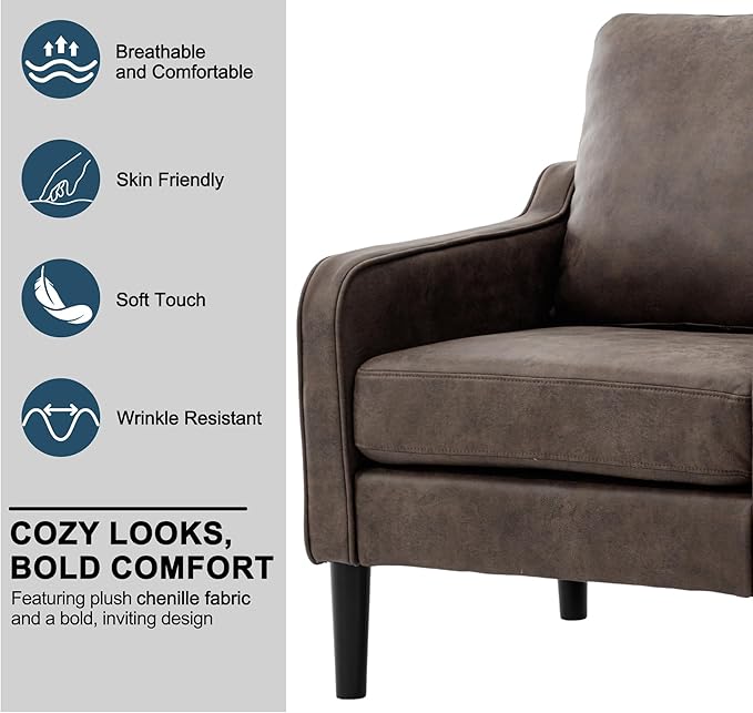 Ribilake Brown Accent Chair Set of 2 - Upholstered Armchair with Side Pockets, Comfy Living Room Arm Chair, Faux Leather Reading Accent Chairs for Bedroom, Living Room, Apartment, Office