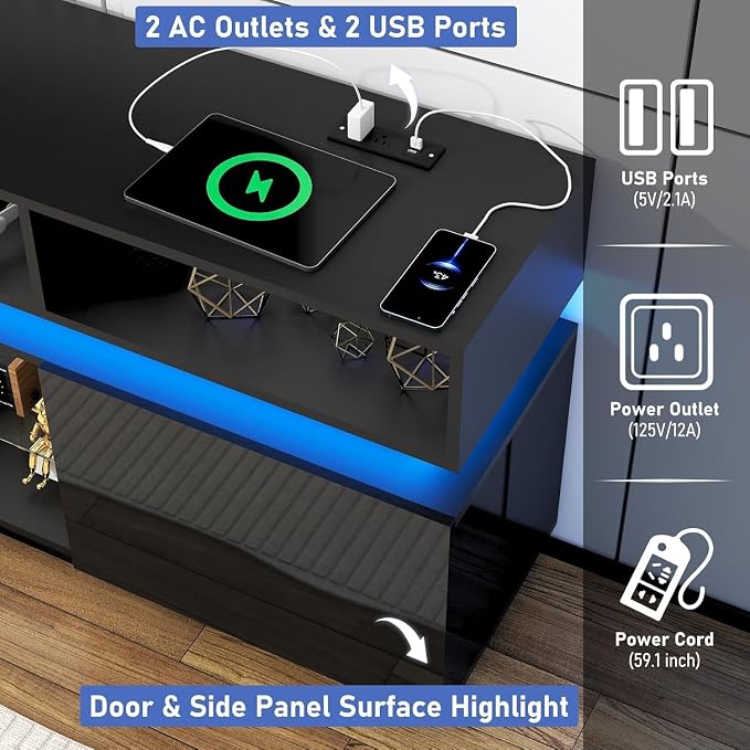 chartustriable Fireplace TV Stand for 95" TV, 83" LED Entertainment Center with 40" Fireplace & Power Outlets, High Gloss TV Stand, Gaming TV Media Console for Living Room, 83 Inch, Black - Image 4