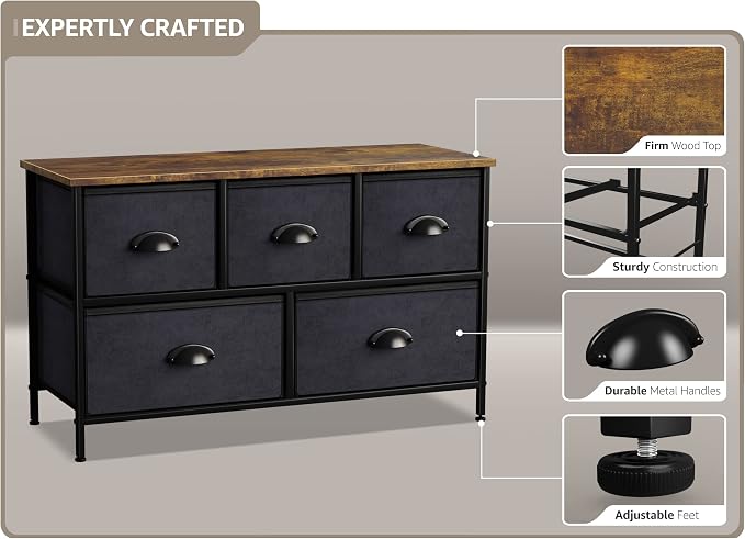 Sorbus Dresser with 5 Drawers - Storage Chest Organizer Unit with Steel Frame, Wood Top, Easy Pull Fabric Bins - Long Wide TV Stand for Bedroom Furniture, Hallway, Closet & Office Organization - Image 4
