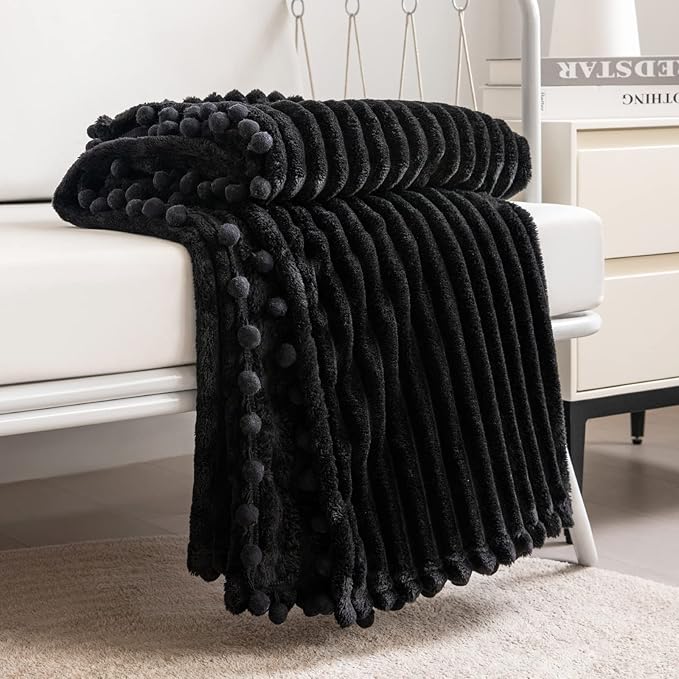 DISSA Fleece Blanket Throw Size ?€? 51x63, Black ?€? Soft, Plush, Fluffy, Fuzzy, Warm, Cozy ?€? Perfect Throw for Couch, Bed, Sofa - with Pompom Fringe - Flannel Blanket Throw Blanket